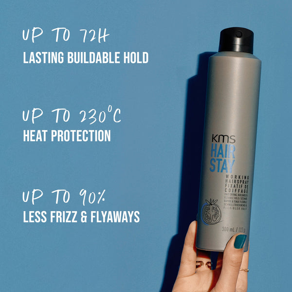 KMS Hair Stay product held by a hand with text on a blue background