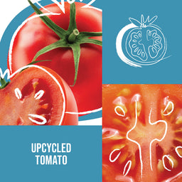 Upcycled tomato design with a whole tomato, half tomato, and tomato illustration on a blue background.