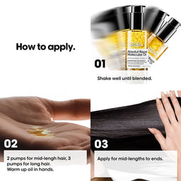 Step-by-step guide on how to apply a hair oil product with text and images.