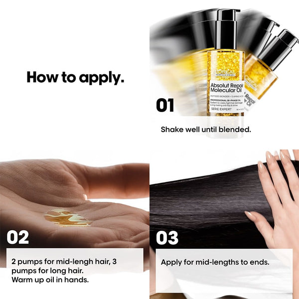 Step-by-step guide on how to apply a hair oil product with text and images.