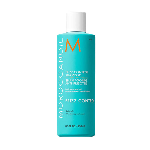 Moroccanoil frizz control shampoo bottle on a white background