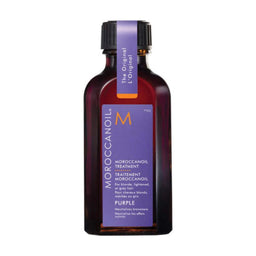 A bottle of Moroccanoil Treatment Hair Oil Purple 50ml with a label indicating it is for tonal correction of blonde, lightened, or grey hair.