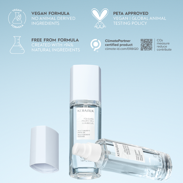 Keramilk skincare product with certification logos on a light blue background