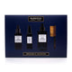 Murdock London beard care set with bottles and a brush on a blue background