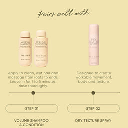 Hair care product set with shampoo, conditioner, and spray on a beige background