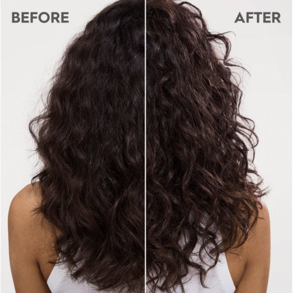 Before and after comparison of curly hair with a white background