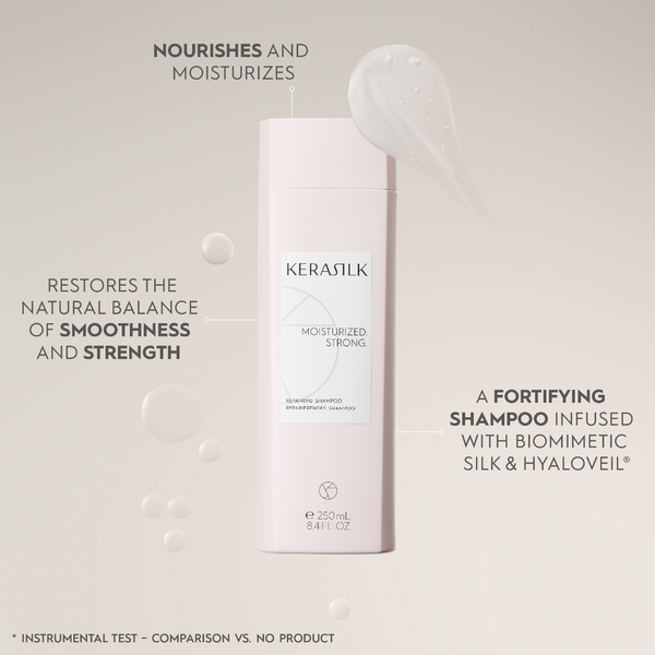Kerasilk shampoo bottle with text highlighting benefits on a light gray background