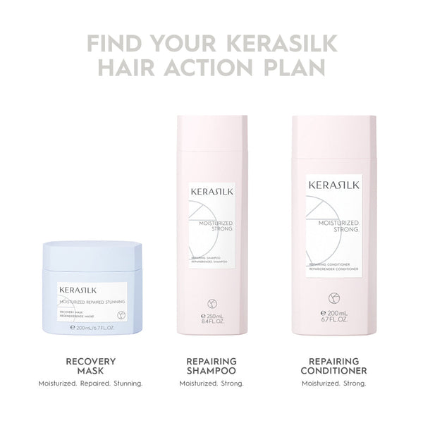 Kerasilk hair care products including shampoo, conditioner, and mask on a white background.