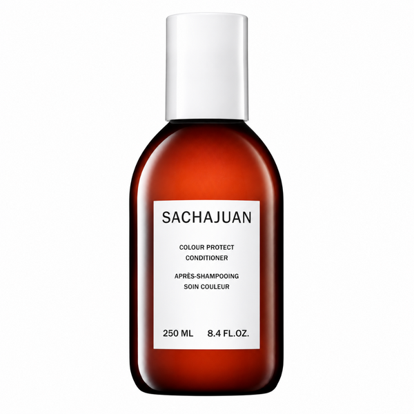 Sachajuan Colour Protect Conditioner in a 250 ml amber brown bottle with a white cap and white label, shown on a plain white background.