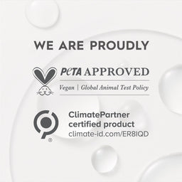 Product label with PETA Approved and ClimatePartner certification logos on a white background