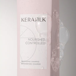 Kerastik shampoo bottle with a pink gradient and visible shampoo being applied.