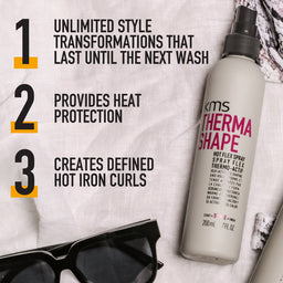 KMS Thermo Shape spray bottle with text highlighting product benefits on a textured background