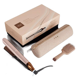 ghs clonos hair straightener set in champagne beige, featuring a flat iron, a zippered carrying case, and a wide-tooth comb brush, displayed with its retail packaging box on a white background.