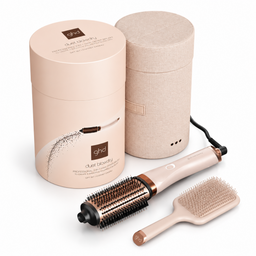 GHD dual beauty styling tool set with a round hot air brush, a flat brush, a power cord, and two cylindrical packaging cases on a white background.