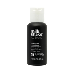 A 70 ml bottle of Milk Shake Icy Blond shampoo, featuring a matte black bottle and a white flip-top cap, set against a plain white background.