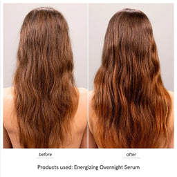 Before and after comparison of a woman's long wavy brown hair, showing frizzy, dry-looking hair on the left and smoother, shinier, more voluminous hair on the right. Text at the bottom reads 'before', 'after', and 'Products used: Energizing Overnight Serum'.