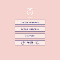 Certified B Corporation logo on a pink background with text about color protection, Swedish innovation, and vegan certification.