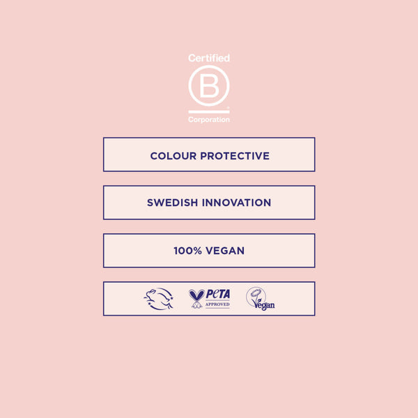 Certified B Corporation logo on a pink background with text about color protection, Swedish innovation, and vegan certification.
