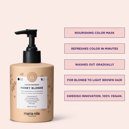 Maria Nila hair mask bottle with product details on a pink background